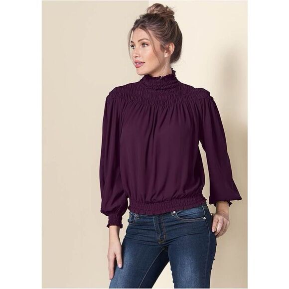 ✨Venus Smocked Detail Dark Purple Sz Large Top✨ - Picture 1 of 13